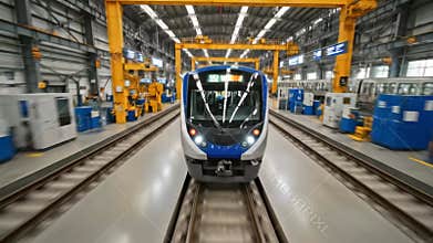 Blue train front in workshop with engineers performing diagnostics and calibration, motion blur closeups, control panels, wiring