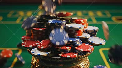 Tokens drop onto soft felt, vivid casino tokens scatter across velveted gaming table, colourful chips and tokens cascade and spill