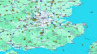 Air traffic map over London metropolitan area showing multiple aircraft positions