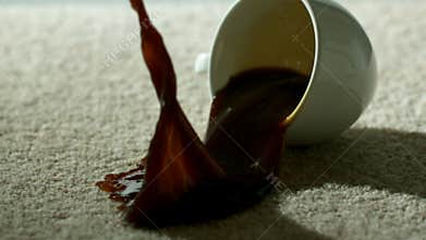 Cup of coffee falling and spilling over carpet
