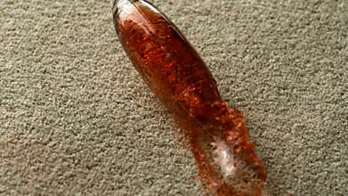 Glass of red wine spilling on carpet