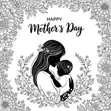 Beautiful black and white illustration celebrating mother and child love on mothers day