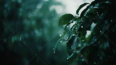 Green leaves catching raindrops on a cloudy day