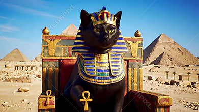 Ancient Egyptian Cat Pharaoh Sits Majestically on Throne in Stunning Desert Scene