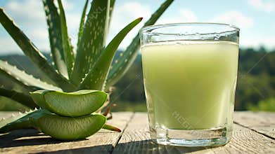 Freshly prepared aloe vera juice with sliced leaves and plant on a wooden table
