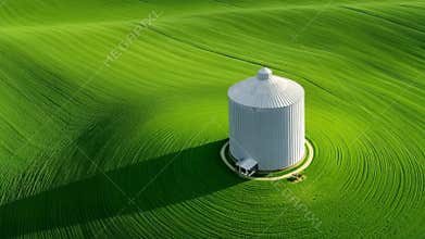 Green fields surround a round silo under a clear blue sky during midday light