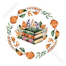 Watercolor mystical illustration of a stack of vintage books centered within a circular autumn wreath. The decorative frame