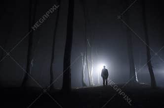 Man in forest at night with fog