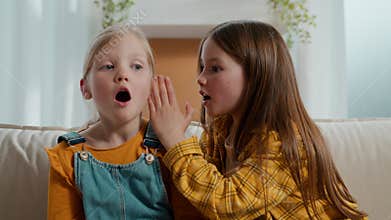 Close up two cute funny Caucasian kids girls children whispering secret amazed reaction surprised sisters siblings