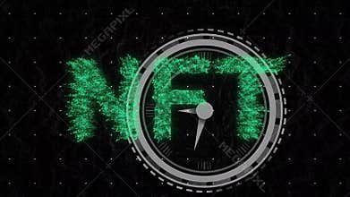 Animation of nft text over moving clock on black background