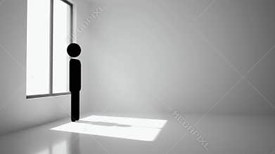 Isolated Black Stick Figure Standing Contemplating Near Window in White Room