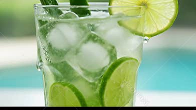 Refreshing Aloe Vera and Lime Drink with Ice and Garnish