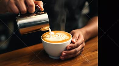 Barista Pouring Latte Art into Coffee Cup Close Up