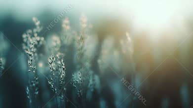 Dew drops glistening on wild grass at sunrise