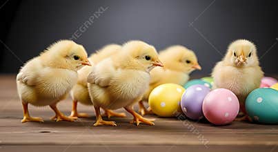 Yellow Baby Chicks Standing Next to Colored Easter Eggs on Wooden Surface