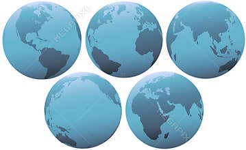 Five Planet Earth Globes in Soft Blue Light