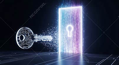 Digital encryption key unlocks glowing futuristic doorway representing secure access and data transfer