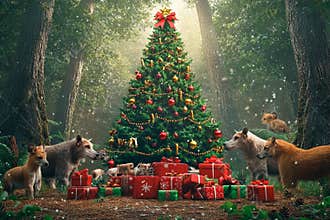 Magic of Christmas in a forest surrounded by joyful animals and gifts