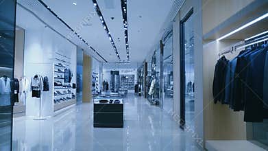 Luxury fashion boutique interior with clothing displays