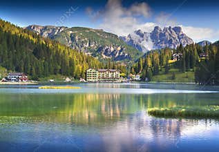 Beautiful summer morning on the Lake Misurina, in Italy Alps, Tr