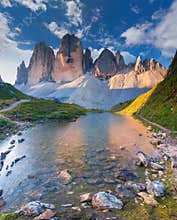 Colorful summer morning in Italy Alps, Tre Cime Di Lavaredo, Dolomites, Europe.