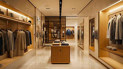 Luxury retail fashion boutique interior with clothing