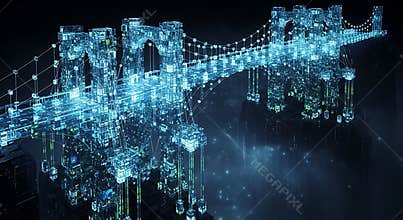 Illuminated digital suspension bridge structure rendered in glowing cyan and blue futuristic data elements