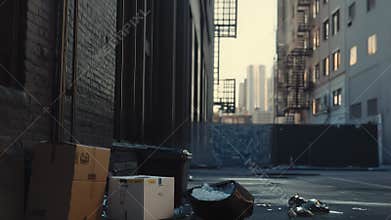 Urban alley full of trash and discarded boxes