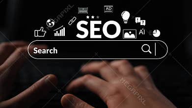 Hands Typing on Keyboard with Illustrations and Icons Representing Search Engine Optimization, Digital Marketing, and