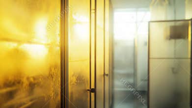 Steamy shower cubicles illuminated by morning light