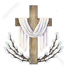 Watercolor wooden Christian cross with white cloth, willow branches. Symbol of Easter and resurrection isolated on white
