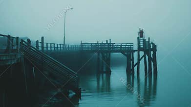 Wooden pier extending into tranquil misty waters
