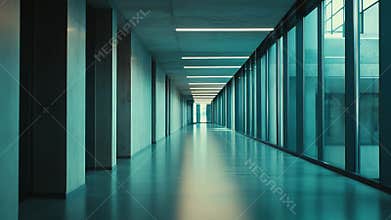 Modern building corridor with long glass windows