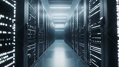 Server room aisle with rows of data center racks