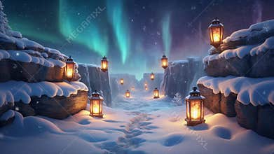 Snowy Lantern Path Under Northern Lights Night