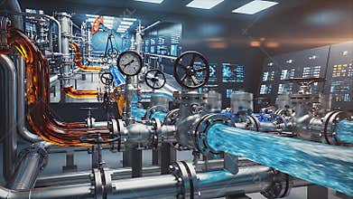 Industrial Piping System with Flowing Liquid Orange and Blue Fluid in a White Metallic Environment for Manufacturing