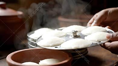 Steaming Hot Idli Stack Being Served Freshly Cooked South Indian Breakfast Dish Steam Rising Traditional Clay Pot