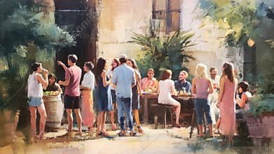 Young adults socialize and share food and drinks in a vibrant outdoor courtyard