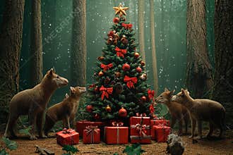 Magic of Christmas in a forest surrounded by joyful animals and gifts