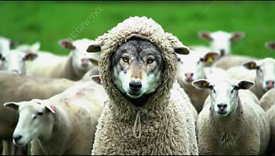 A wolf disguised in a fluffy beige sheep costume, standing among a herd of sheep in a grassy field.