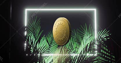 NFT coin appearing and rotating amid pulsing neon frame with swaying palm leaves highlighting token