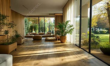 Modern, sun-drenched living area with expansive views