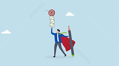 Finish work and achieve goal, 4k animation of entrepreneur hero complete assignment list to reach job goal