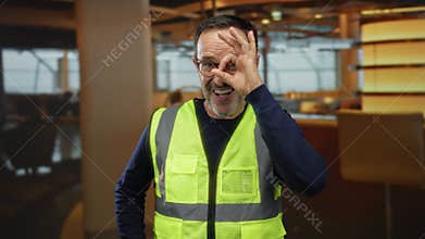 Middle-aged man in reflective safety vest making an okay gesture in a modern indoor hotel environment with amused expression and