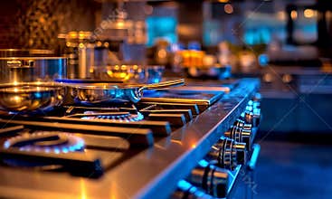 Close-up of a gas stovetop with cooking pans