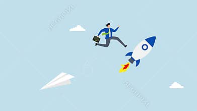 Change to better company, 4k animation of aspiring entrepreneur leaps from vintage origami plane to ascending rocket