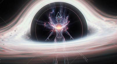 Ethereal Humanoid Facing Black Hole in Cosmic Vortex