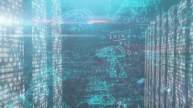 Camera gliding through binary tunnel, math holograms appearing and shifting for data visualization