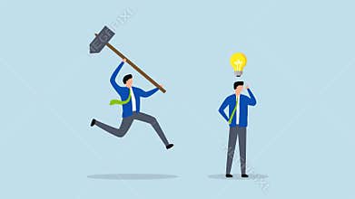 Jealousy colleague, 4k animation of businessman new idea for a lightbulb was destroyed when he was hit by a colleague from behind