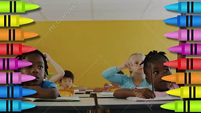 Colorful crayon border sliding in, elementary students raising hands for classroom participation